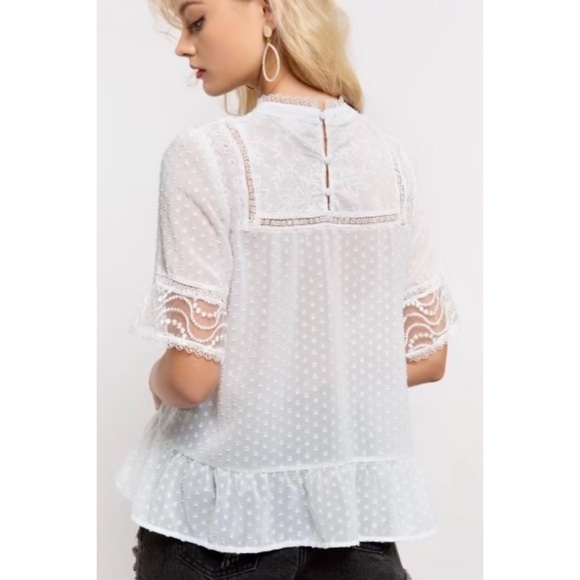 POL White Victorian Inspired Lace & Swiss Dot Short Sleeve Top - Picture 4 of 6
